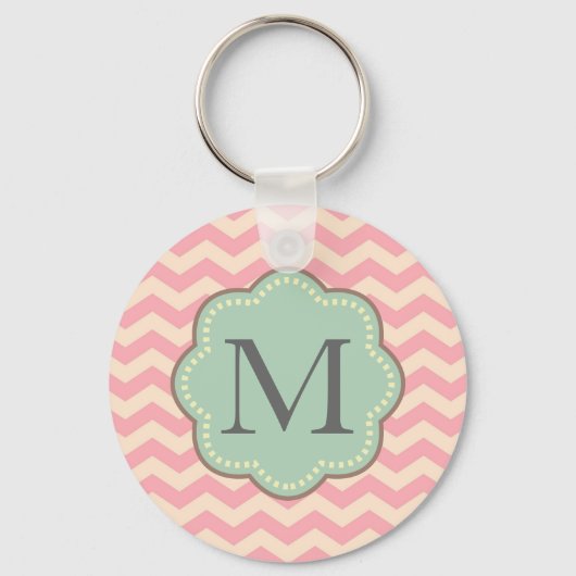 Roze Crème Mint Chevron Stripes Monogram Sleutelhanger (Voorkant)
