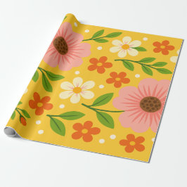 Roze, crème & oranje bloemen met groene bladeren cadeaupapier