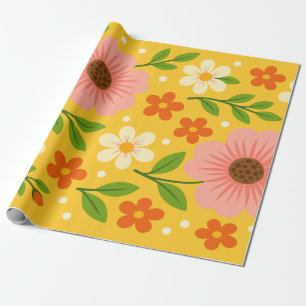 Roze, crème & oranje bloemen met groene bladeren cadeaupapier