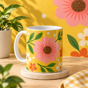 Roze, crème & oranje bloemen met groene bladeren koffiemok