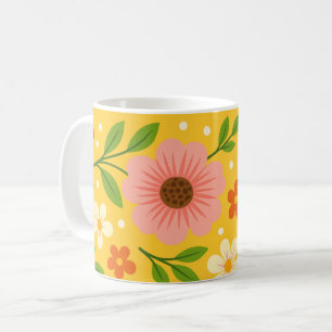 Roze, crème & oranje bloemen met groene bladeren koffiemok