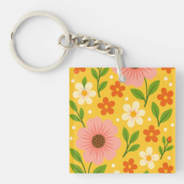 Roze, crème & oranje bloemen met groene bladeren sleutelhanger