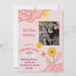 Roze Crème Paarse Minimalistische Baby uitnodigen  Kaart