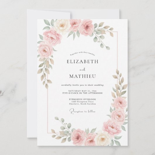 Roze Crème Pioenrozen Eucalyptus Bruiloft Kaart (Voorkant)