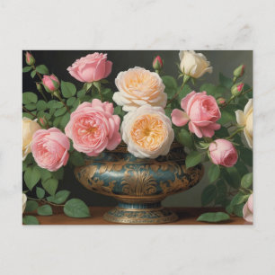 Roze, Crème Rozen in Antieke Vaas Briefkaart