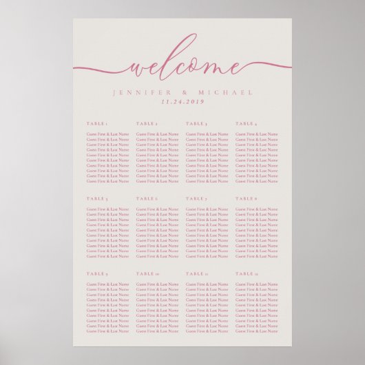Roze crème Simple Wedding Seating Twelve Table Poster (Voorkant)