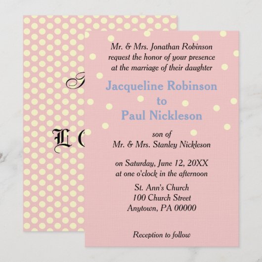 Roze Crème Stippen Blauwe Trouw Kaart (Voorkant / Achterkant)