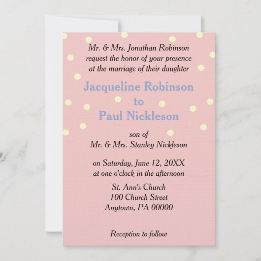 Roze Crème Stippen Blauwe Trouw Kaart (Voorkant)