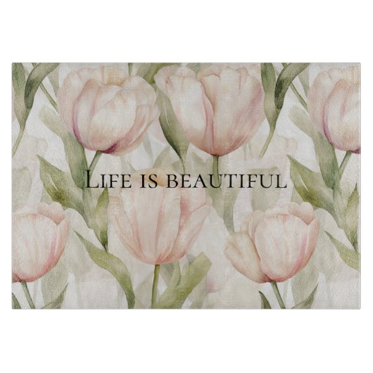 Roze Crème Tulpen Bloemrijke Bruiloft Snijplank (Voorkant)