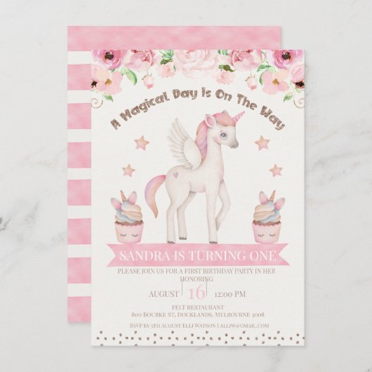 Roze crème Unicorn Magical Day 1st Birthday Kaart (Voorkant / Achterkant)