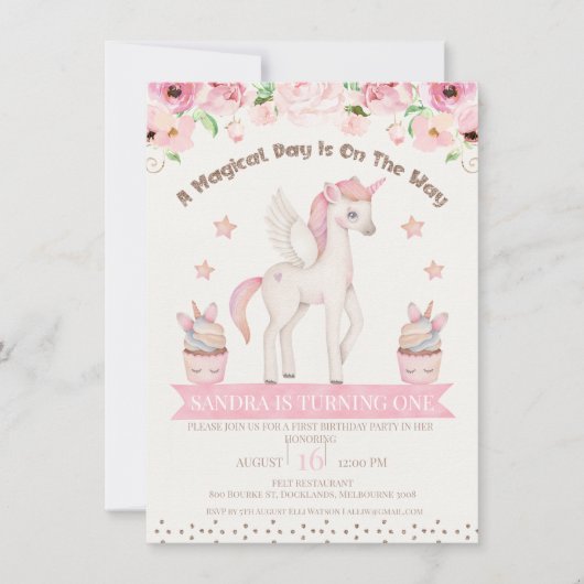 Roze crème Unicorn Magical Day 1st Birthday Kaart (Voorkant)