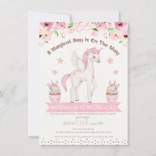 Roze crème Unicorn Magical Day 1st Birthday Kaart