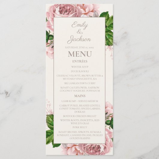 Roze Crème Vintage Bloemen Bruiloftsmenu Menu (Voorkant)