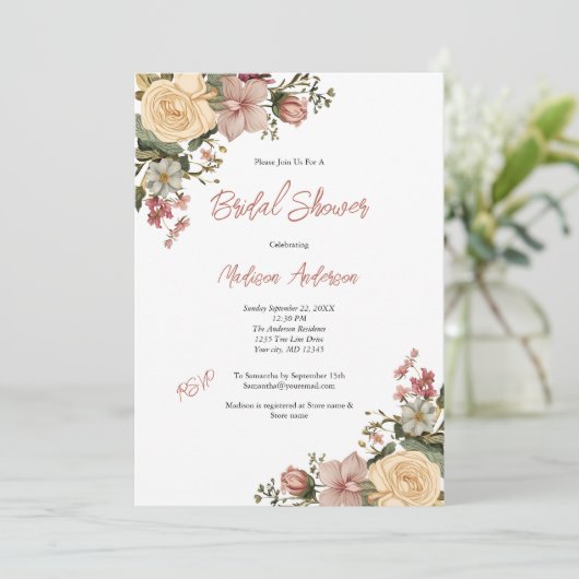 Roze Crème Waterverf  Bloemen Vrijgezellenfeest Kaart (Staand voorkant)