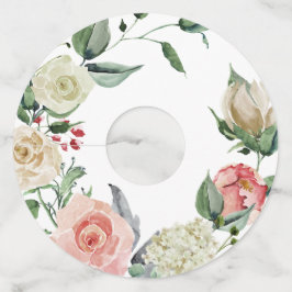 Roze & Crème  Waterverf Bloemen Wijnglaslabel