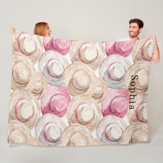 Roze Crème Witte Strohoeden Fleece Deken (In situ)