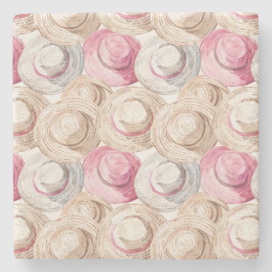 Roze Crème Witte Strohoeden Stenen Onderzetter (Voorkant)