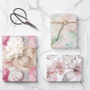 Roze Crème Witte Strooien Haten Bloemen Verjaardag Inpakpapier Vel