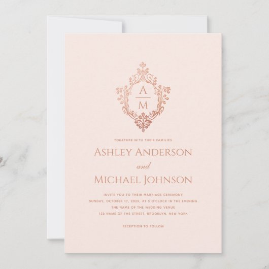 Roze Crest Bruiloft Monogram  Roos Goud Kaart (Voorkant)