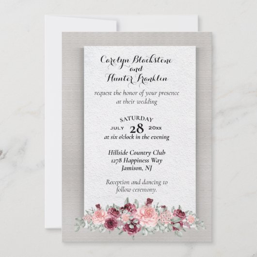 Roze & Crimson Rozen met Monogram Bruiloft Kaart (Voorkant)