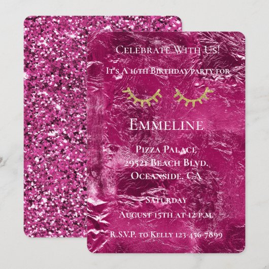 Roze Crinkle Glitzy Gold Glitter Wimpers Kaart (Voorkant / Achterkant)