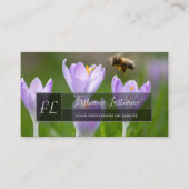 Roze crocus blossom bee grijze rechthoek monogram visitekaartje (Voorkant)