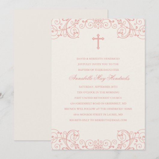 Roze Cross Baptism/Christening Uitnodiging (Voorkant / Achterkant)