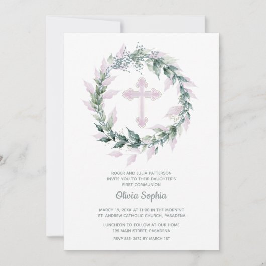 Roze Cross Sage Leaf Krans Eerste Communie Kaart (Voorkant)