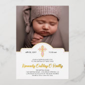  roze cross script foto meisje doop Folie Folie Uitnodiging (Voorkant)