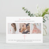 Roze Cross Tri Foto Eerste Heilige Communie Kaart (Staand voorkant)