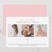 Roze Cross Tri Foto Eerste Heilige Communie Kaart (Voorkant / Achterkant)