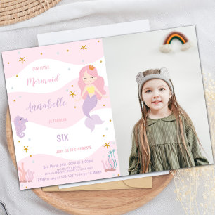 Roze Crown Mermaid Birthday-uitnodigingen met foto Kaart