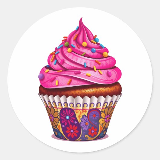 Roze crupcake ronde sticker (Voorkant)