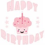 Roze crupcake staand fotobeeldje<br><div class="desc">Cute kawaii stijl cupcake with sprinkles and a kaars. De tekst leest,  Happy Birthday.</div>