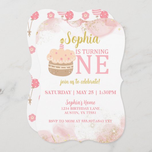 Roze cupcake 1e verjaardag uitnodiging (Voorkant / Achterkant)
