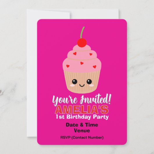 Roze Cupcake 1e Verjaardag Uitnodiging Kaart (Voorkant)