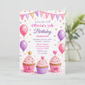 Roze Cupcake 7e Verjaardagsfeestje Kaart (Staand voorkant)