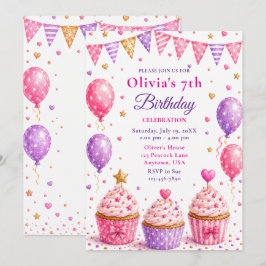 Roze Cupcake 7e Verjaardagsfeestje Kaart