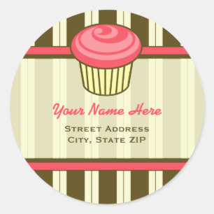 Roze cupcake adreslabel - bruine strepen ronde sticker