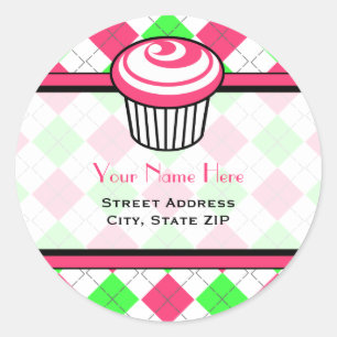 Roze Cupcake Adreslabel - Roze & Groene Argyle Ronde Sticker
