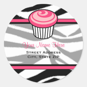 Roze Cupcake Adreslabel - Zwart Zebra Print Ronde Sticker