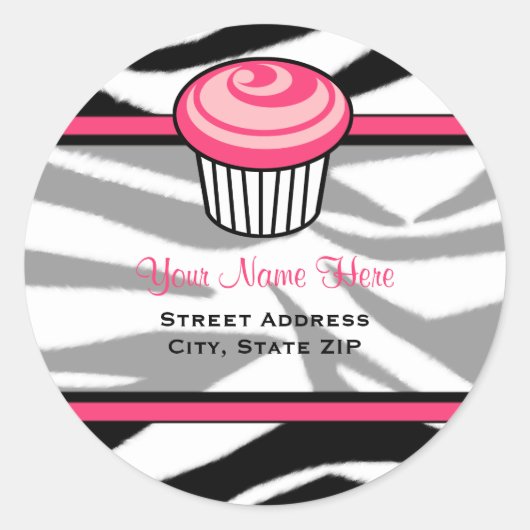 Roze Cupcake Adreslabel - Zwart Zebra Print Ronde Sticker (Voorkant)
