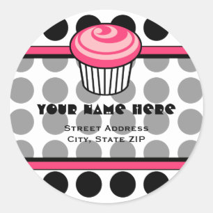 Roze cupcake adreslabel - zwarte stip ronde sticker