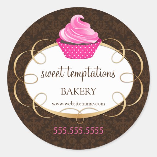 Roze cupcake bakkerij verpakking ronde sticker (Voorkant)
