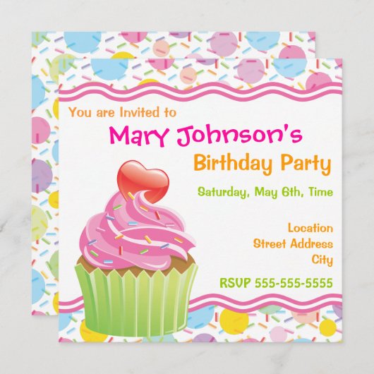 Roze Cupcake Birthday Party Invitation Kaart (Voorkant / Achterkant)