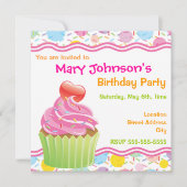 Roze Cupcake Birthday Party Invitation Kaart (Voorkant)