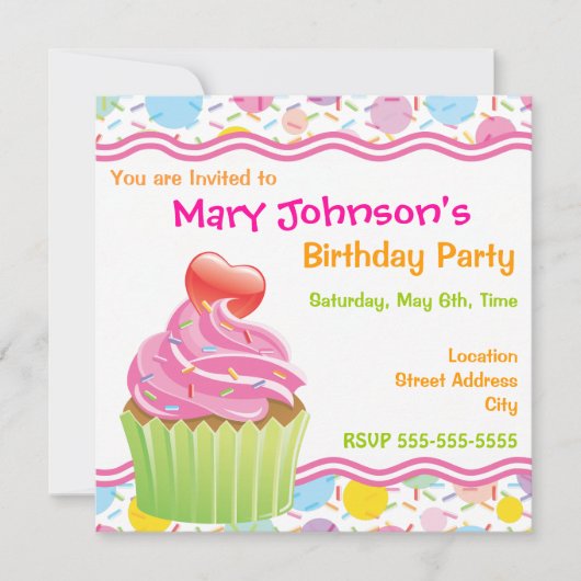 Roze Cupcake Birthday Party Invitation Kaart (Voorkant)