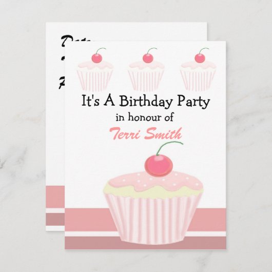 Roze cupcake Birthday Uitnodiging (Voorkant / Achterkant)