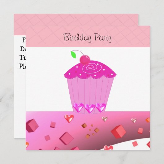 Roze cupcake Birthday Uitnodiging (Voorkant / Achterkant)