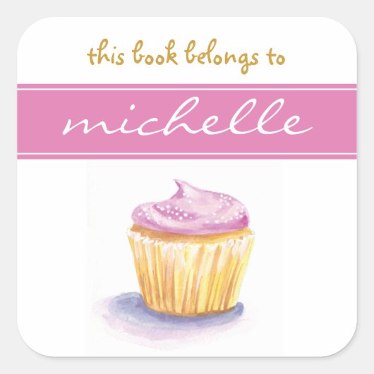 Roze cupcake bookplate vierkante sticker (Voorkant)